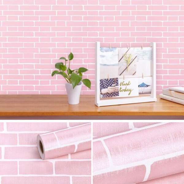 Giấy dán tường giả gạch màu hồng ( kích thước cuộn dài 10m khổ rộng 45cm, giấy có keo sẵn)