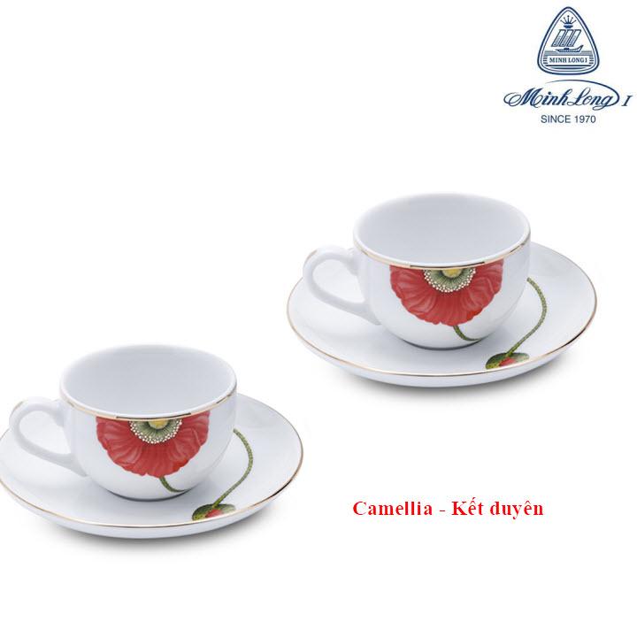 Bộ 04 TÁCH TRÀ VÀ ĐẾ LÓT LY TRÀ GỐM SỨ MINH LONG CAMELLIA KẾT DUYÊN 0.8 L