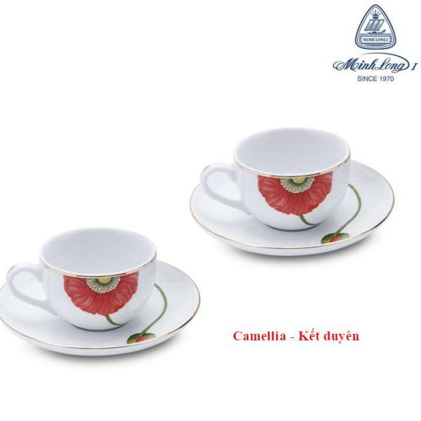 Bộ 2 TÁCH TRÀ VÀ ĐẾ LÓT LY TRÀ GỐM SỨ MINH LONG CAMELLIA KẾT DUYÊN 0.8 L