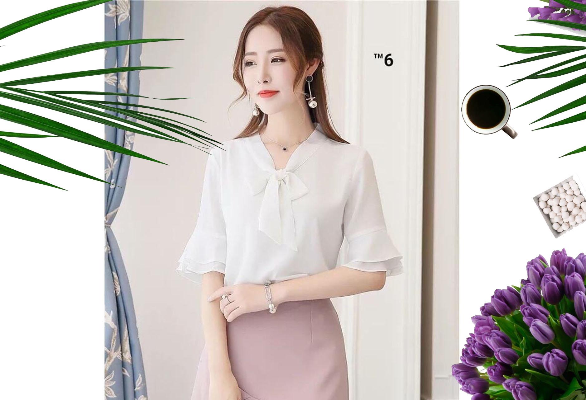 [HCM]Áo Sơ Mi Cổ Thắt Nơ Tay Loe Điệu ĐàInt: One size
