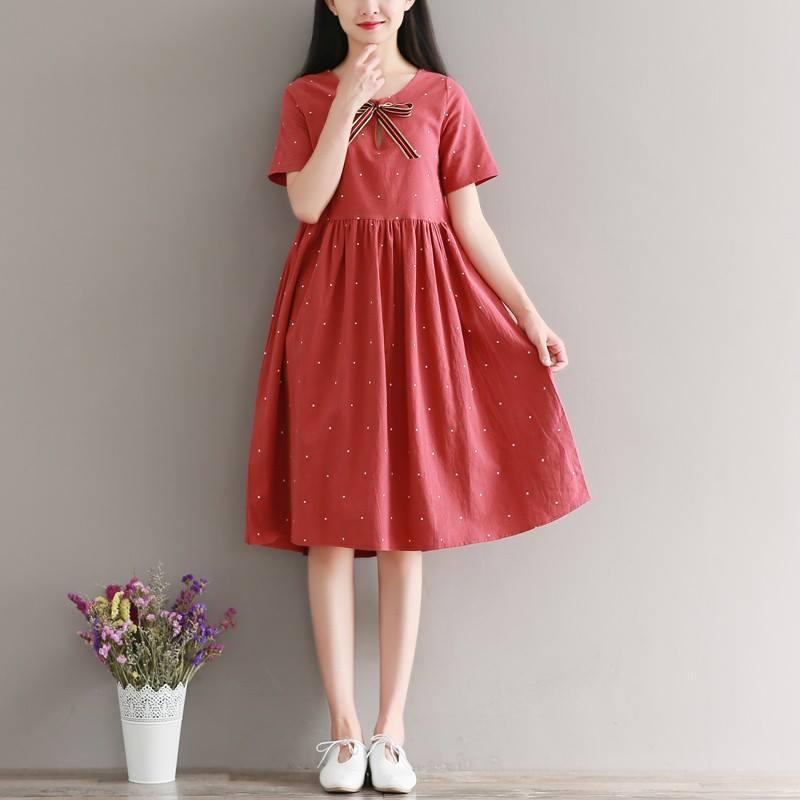 MYC 1174 Váy Bầu Chấm Bi Đỏ Nơ Cổ