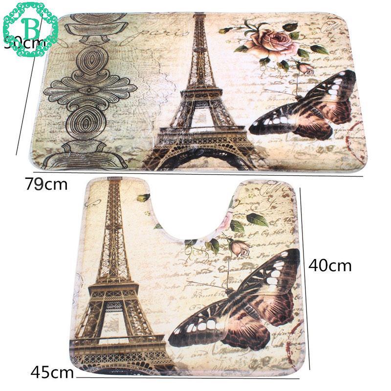 2Pcs Eiffel Tower Pattern Non-Slip Soft Bathroom Toilet Rug Bath Mat Set