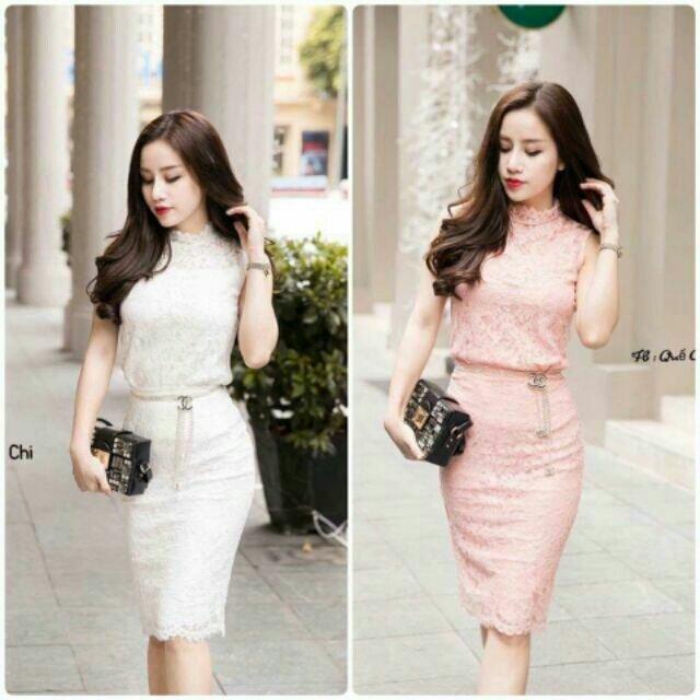 Đầm body ôm ren cổ cao 