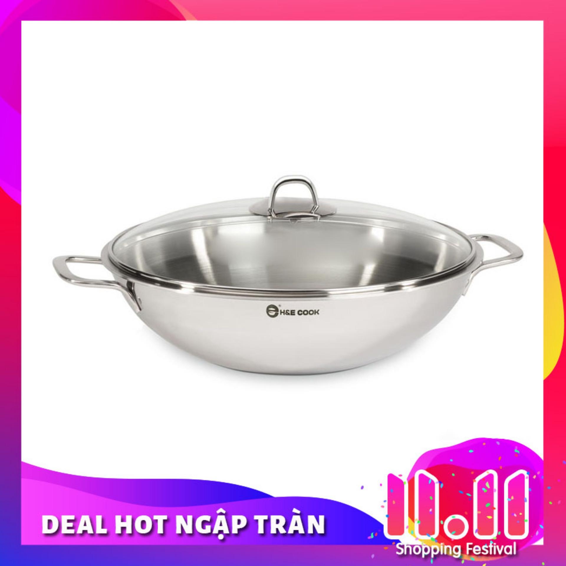 Chảo lẩu Inox 3 đáy vung kính dùng bếp từ H&E Cook 28cm