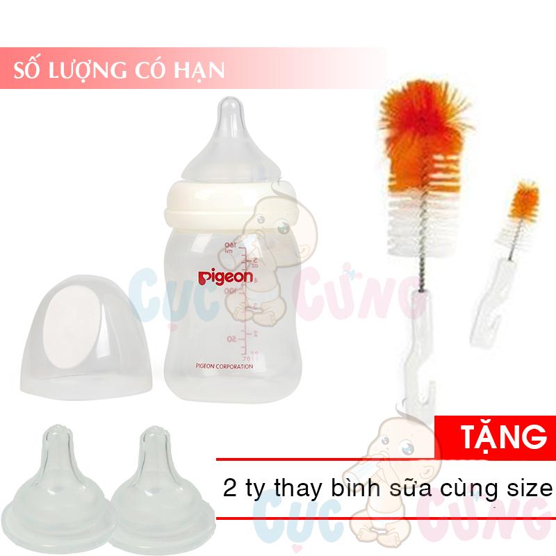 Bình sữa nhựa cổ rộng Pigeon PP 160ml + 1 cọ rửa bình sữa Tặng 2 ty thay binh sua cùng size