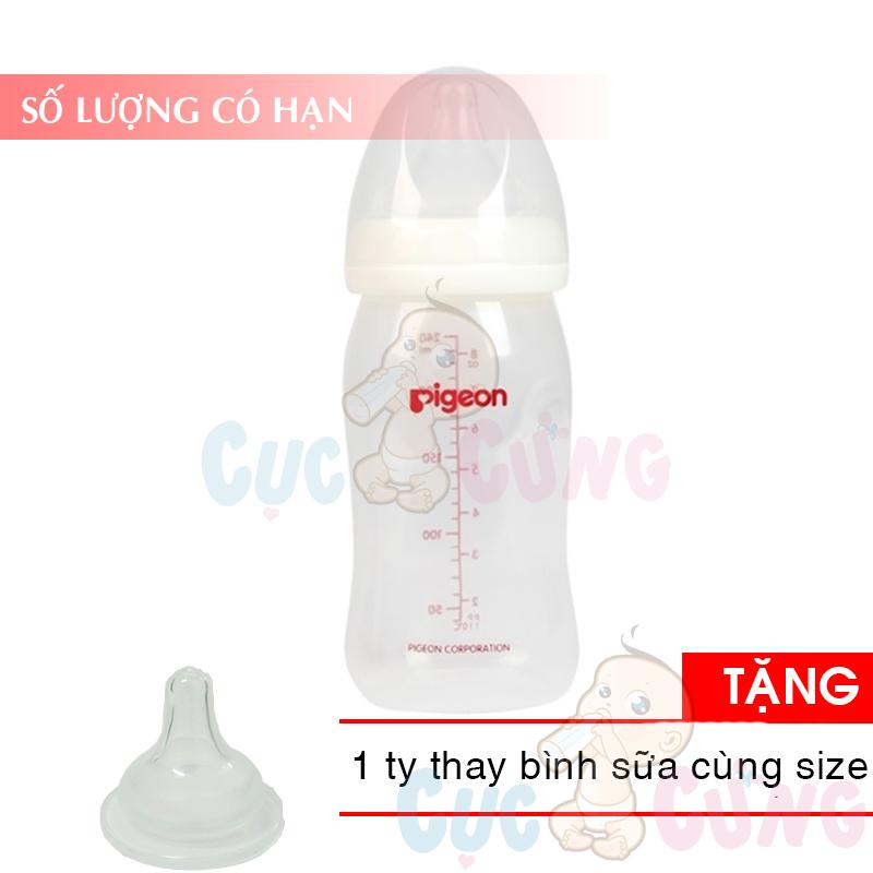 Bình sữa nhựa cổ rộng Pigeon PP 240ml Tặng 1 ty thay binh sua cùng size