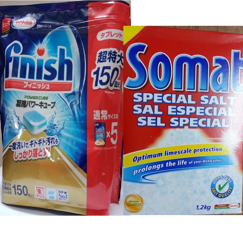 combo viên rửa bát finish 150 viên và muối làm mềm nuớc Somat