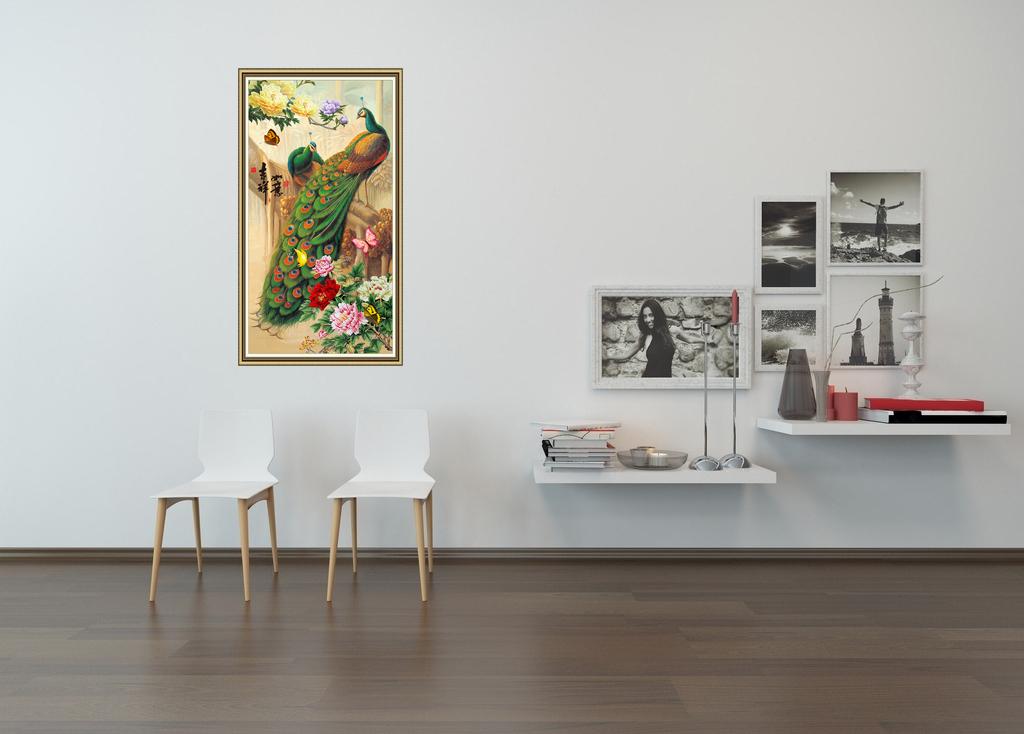 Tranh dán tường 3D VTC Đôi chim công khổ dọc LV-0009K