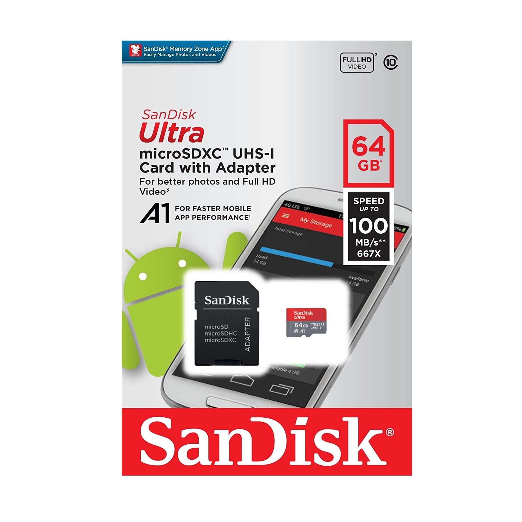 Thẻ nhớ MicroSDXC SanDisk Ultra A1 64GB 100MB/s kèm adapter (Đỏ)