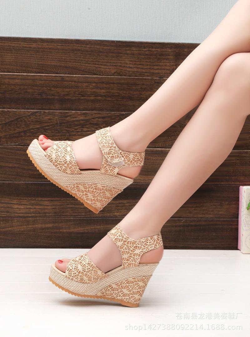 Giày xăng đan nữ đế xuồng 11cm ren lưới