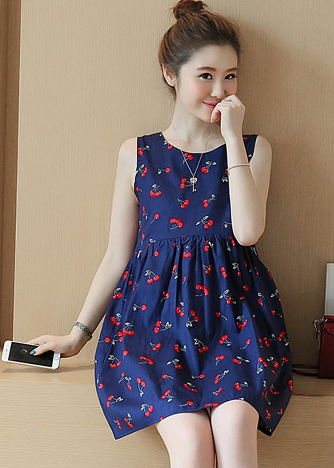 Đầm Bầu - Váy Bầu Cherry Xanh Sát Nách ĐB1146