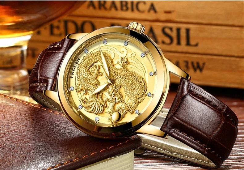 SALE@@ĐỒNG HỒ NAM HÌNH RỒNG vàng dây Da tặng pin