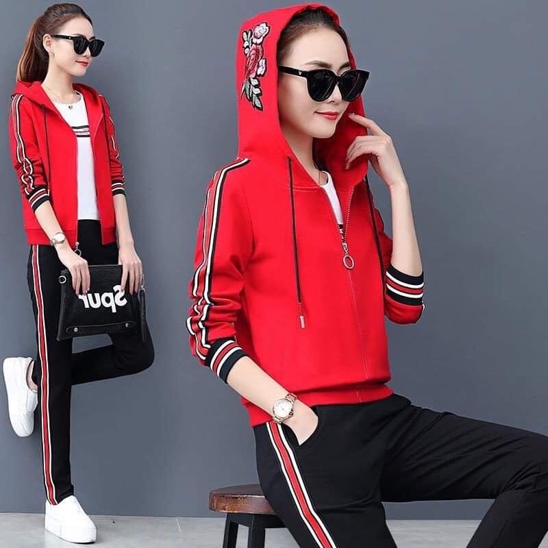 Bộ quần áo thể thao thu đông 3 món cao cấp thêu hoa