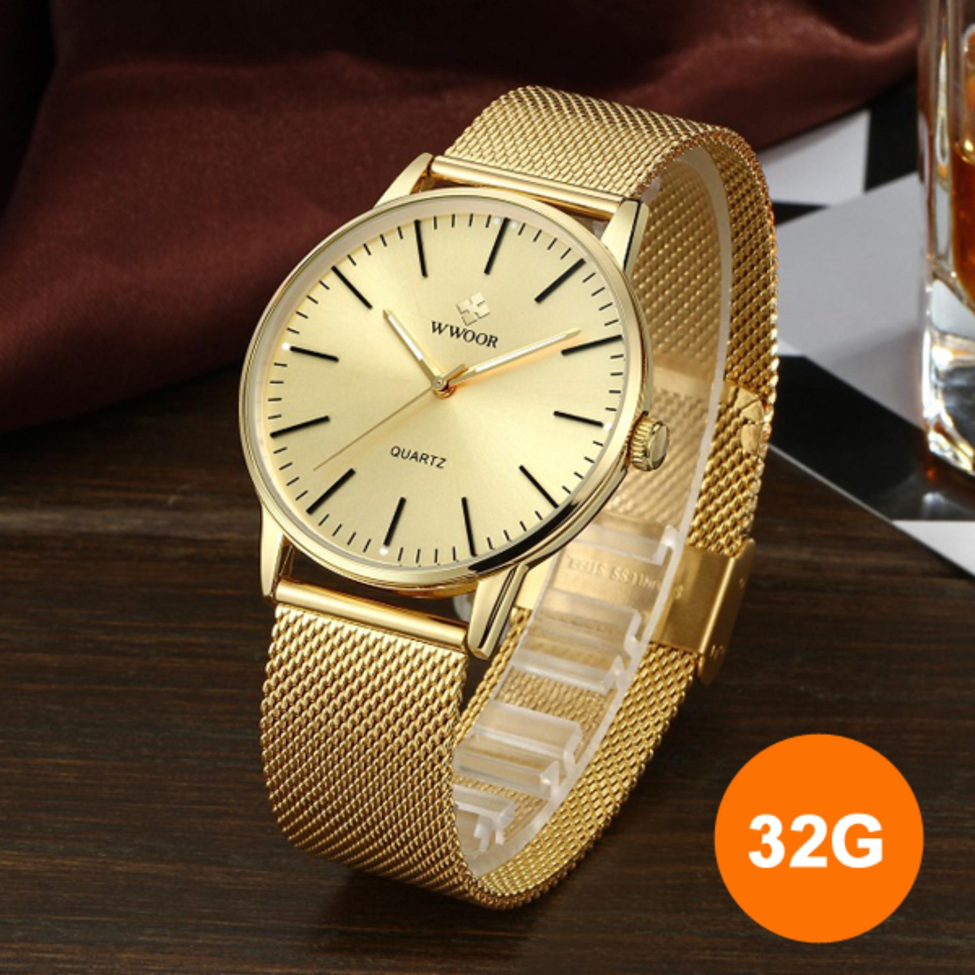 Đồng hồ vàng WWOOR 8832 dây thép lưới sang trọng, tặng pin đồng hồ đeo tay SONY 626 JAPAN