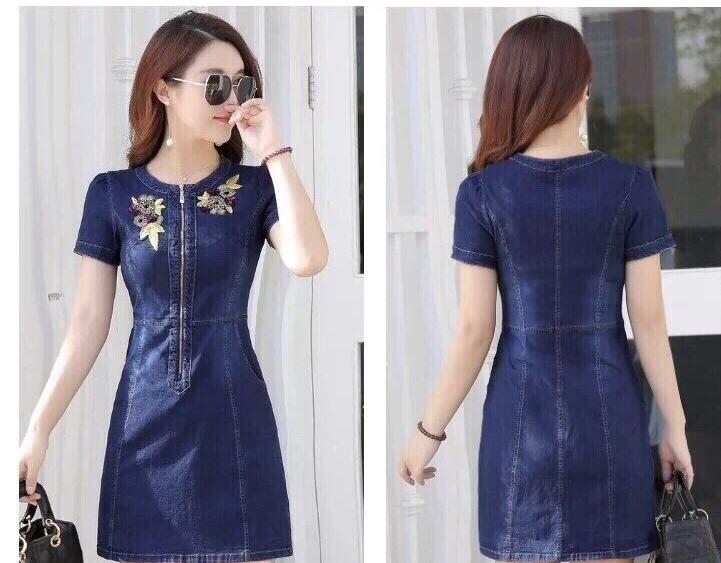 Đầm jean thêu hoa cao cấp phối dây kéo