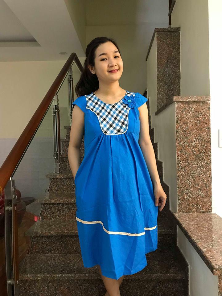 Đầm bầu caro cổ (Xanh dương)