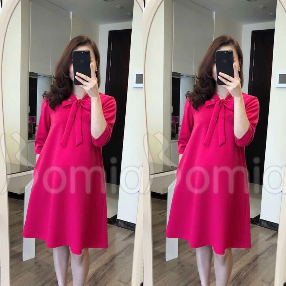 Đầm bầu công sở nơ cổ hồng