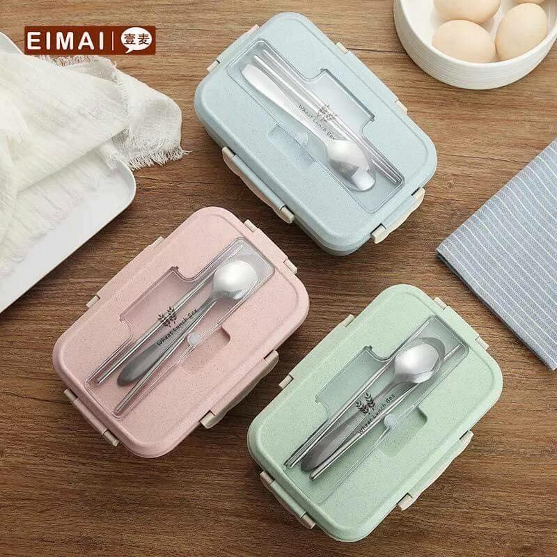 Hộp cơm lúa mạch 3 ngăn kèm đũa thìa inox