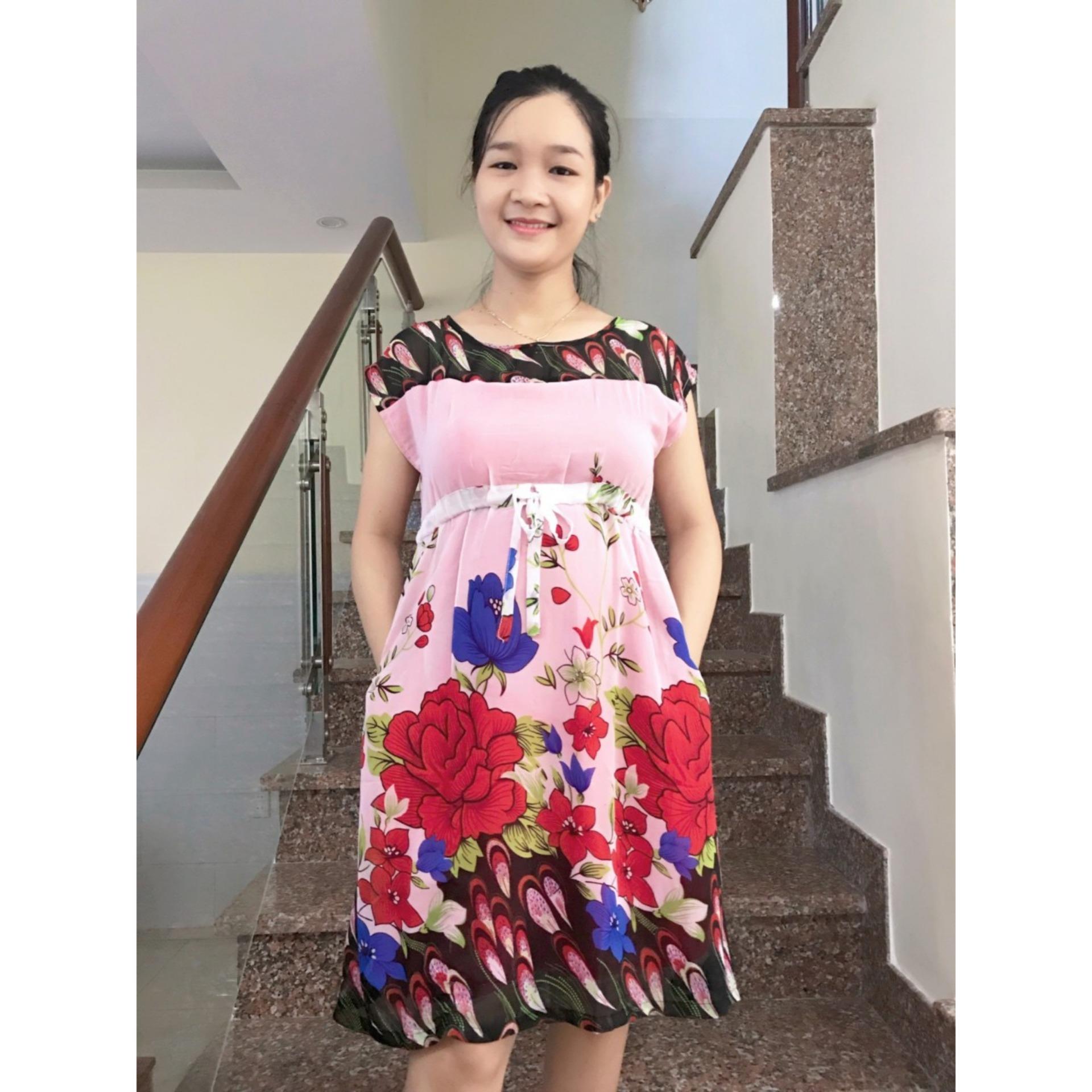 Đầm bầu voan thắt nơ eo (xanh)