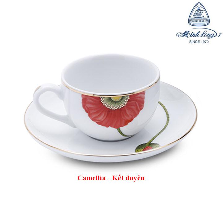 Bộ 04 TÁCH TRÀ VÀ ĐẾ LÓT LY TRÀ GỐM SỨ MINH LONG CAMELLIA KẾT DUYÊN 0.8 L