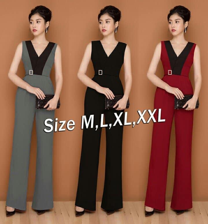 Jumpsuit - Đồ bay dài cổ tim phối viền đen đính khóa eo cực hot