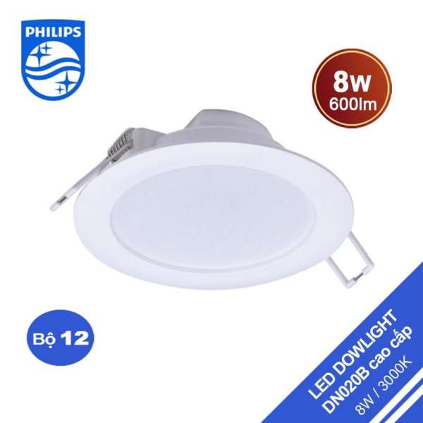 Bộ 12 bóng đèn Philips LED Downlight âm trần DN020B 8W 3000K - Ánh sáng vàng