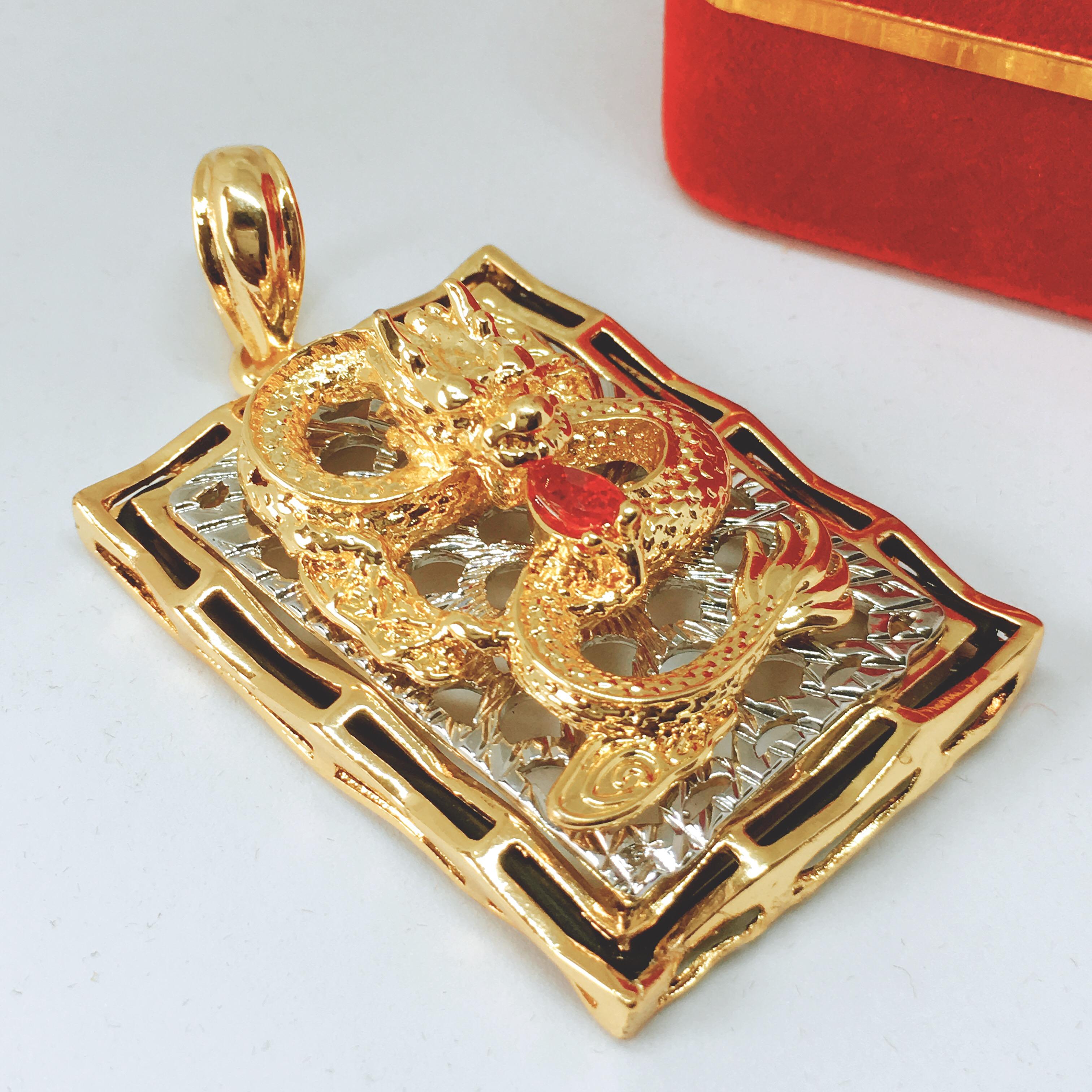 Mặt dây chuyền Thiên long vuông đá thạch anh đỏ trang sức phong thủy, may mắn, tài lộc