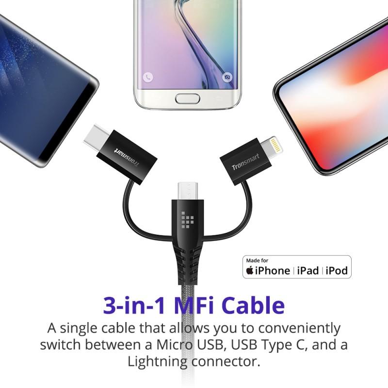 Cáp đa năng TRONSMART LAC10 3 trong 1 (Lightning + Micro B + Type C to USB-A) dài 1.2m