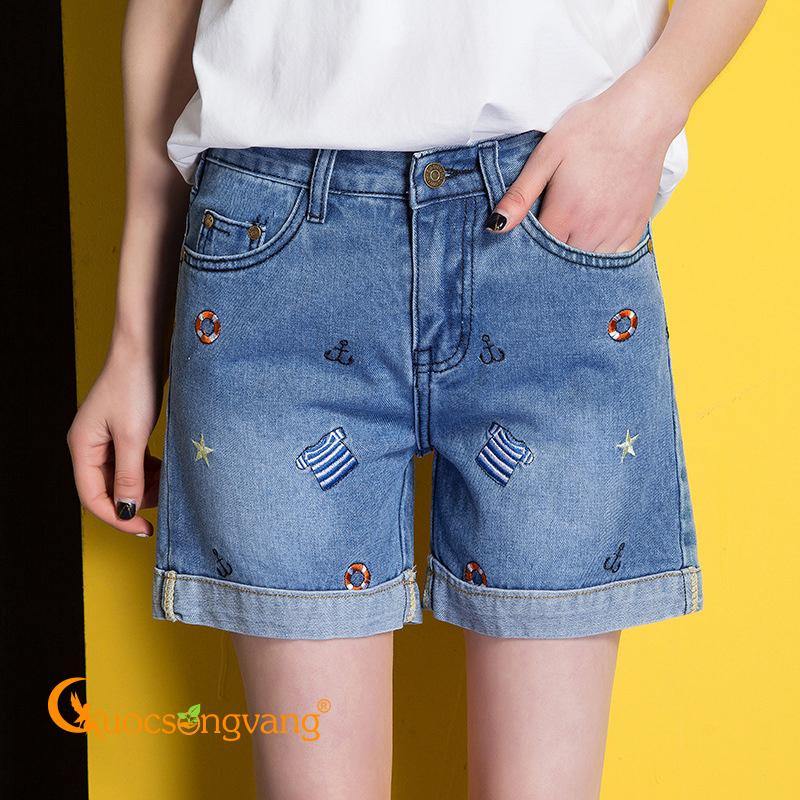 Quần short nữ jean quần jean nữ short thêu màu xanh nhạt GLQ081