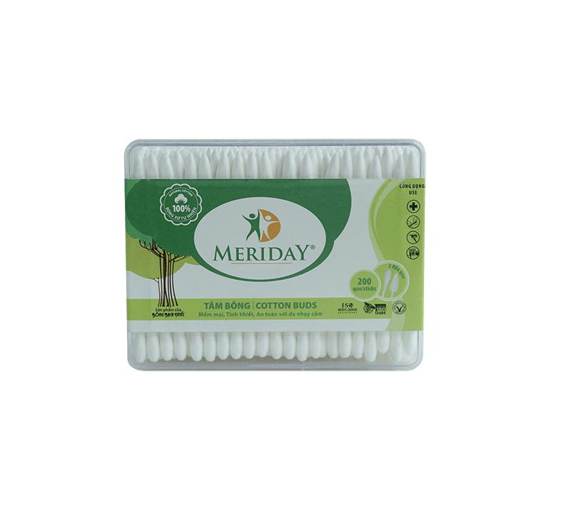 Tăm bông Meriday hộp 200 que ( 2 đầu tròn)