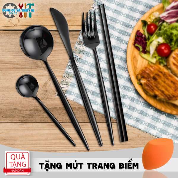 BỘ DAO MUỖNG ĐŨA  NĨA MÀU ĐEN CỔ ĐIỂN - TẶNG MÚT TRANG ĐIỂM