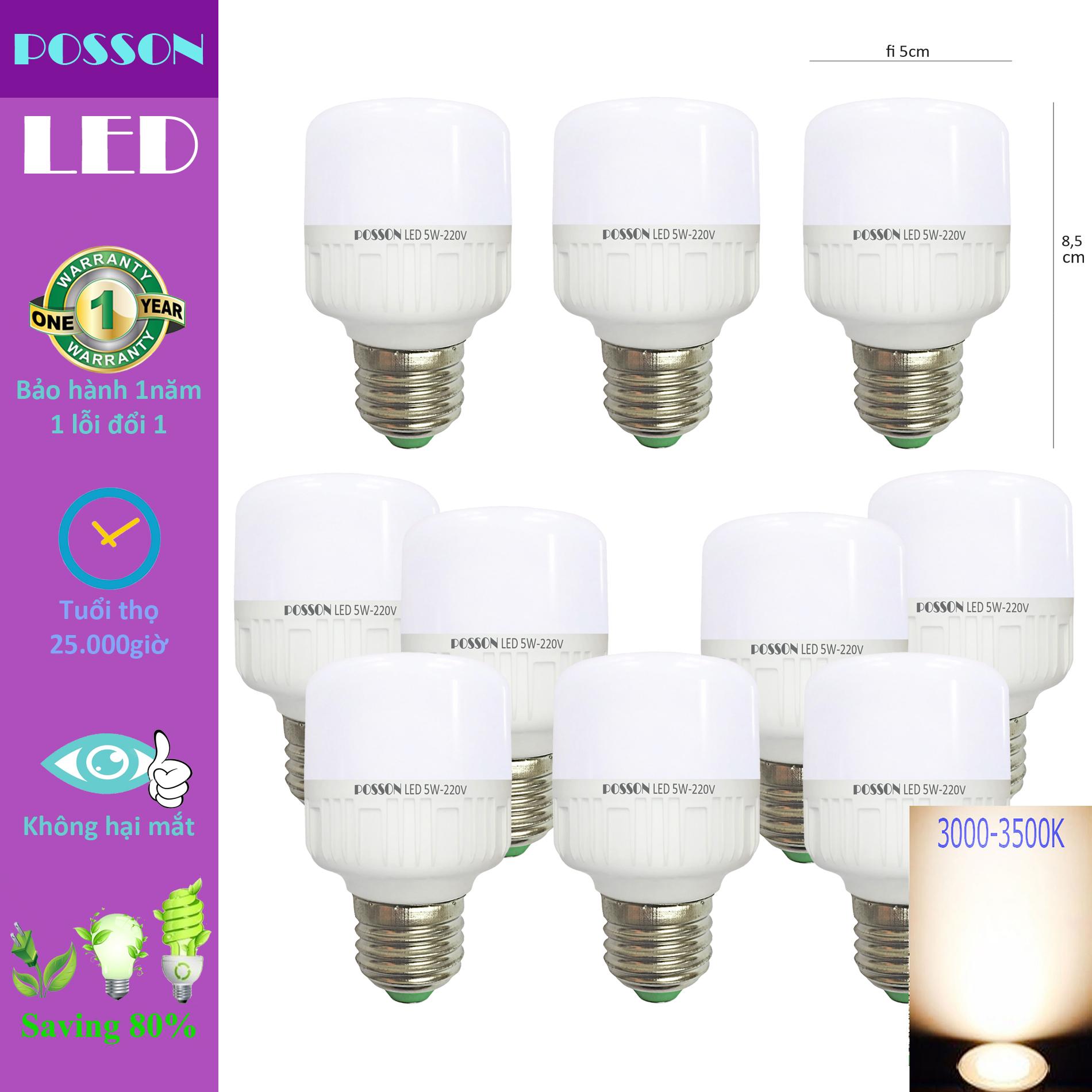 10 Bóng đèn Led trụ 5w tiết kiệm điện sáng vàng ấm Posson LC-N5G