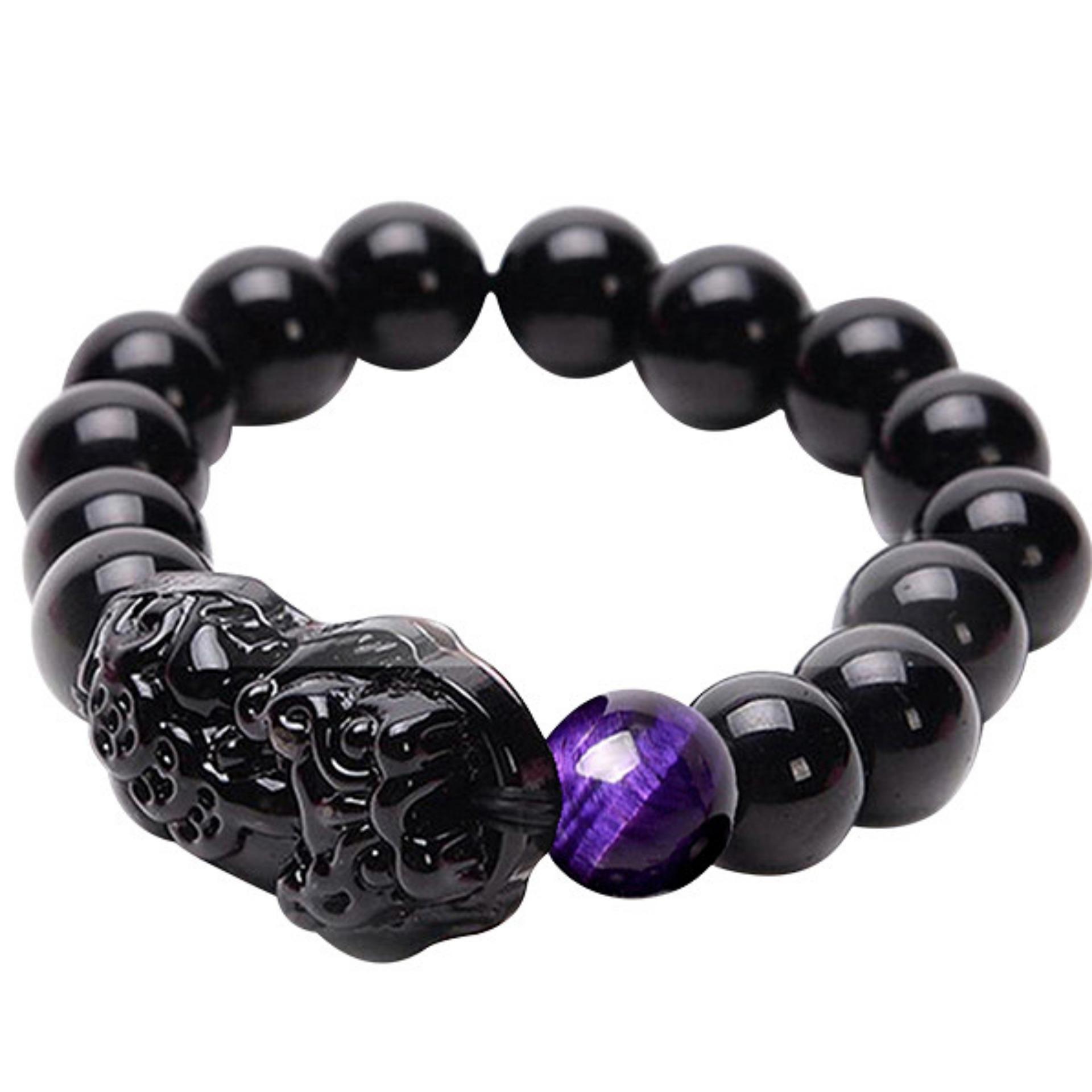 Vòng thạch anh đen tỳ hưu đính đá mắt hổ 12 li - Phong thuỷ may mắn phát tài + Tặng vòng thạch anh vàng