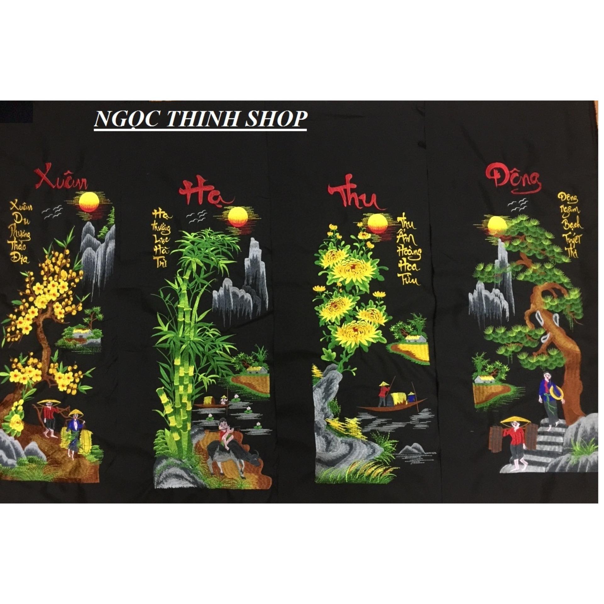 Tranh chỉ lụa đã thành phẩm bộ tứ bốn mùa Xuân Hạ Thu Đông