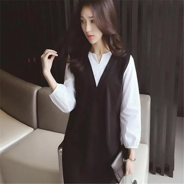 Váy Bầu Đen Phối Trắng Cổ Khoét V