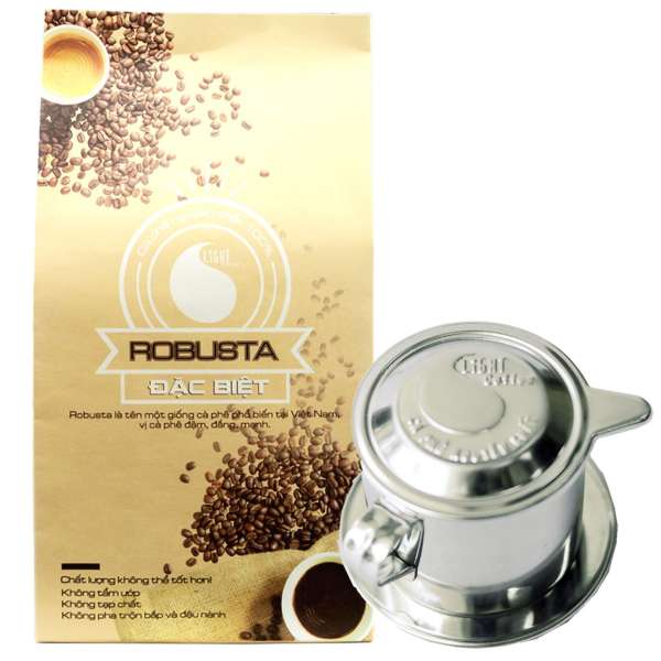 Combo phin pha cà phê inox cao cấp và cà phê bột nguyên chất 100% Robusta đặc biệt Light Coffee 500gr