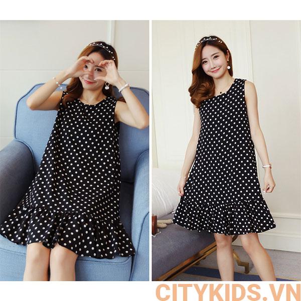 Đầm ( Váy) Bầu Dáng Suông Đuôi Cá Chấm Bi