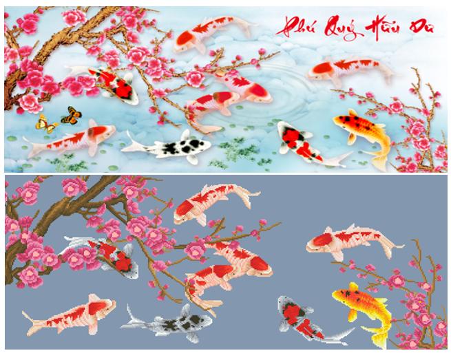 [HCM]Tranh Đính Đá Cá Chép Hoa Đào Đỏ YN5357 kt 110x55cm