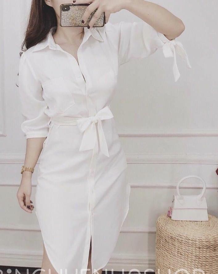 [HCM]Đầm sơ mi cột eo phi lụa mờ