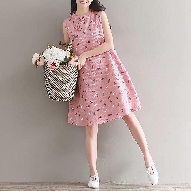 Đầm bầu công sở cổ tàu in lá