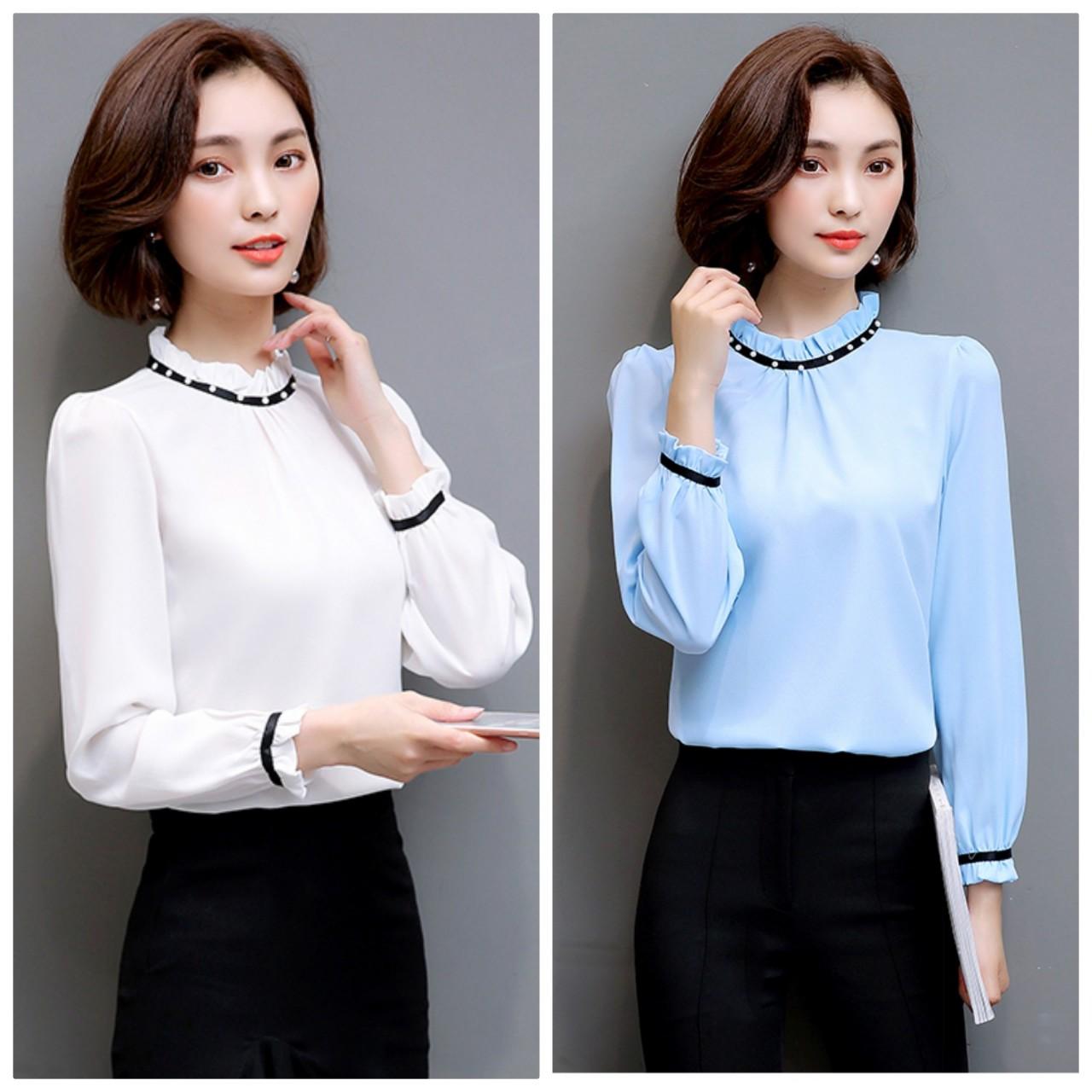 Áo kiểu cố nhún bèo đính ngọc trai BEYEU1688 - BY6254-1 (TRẮNG)