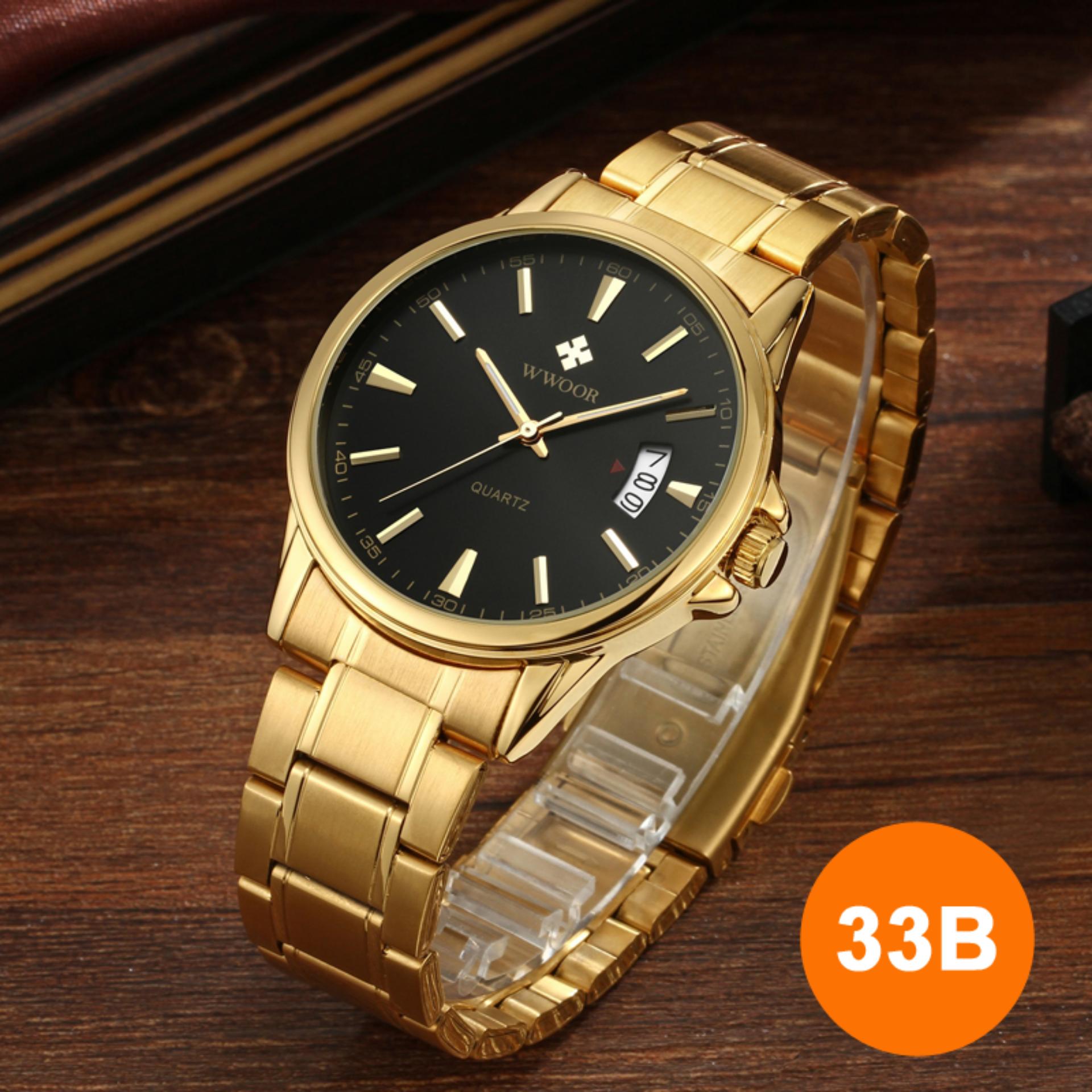 Đồng hồ nam dây thép vàng sang trọng, động cơ QUARTZ VJ32 Nhật Bản, mẫu 2018 WWOOR 8833, tặng kèm Pin 626 JAPAN