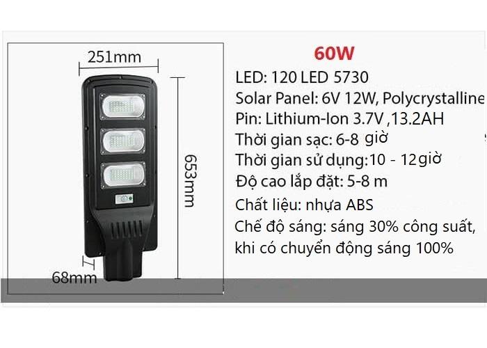 Đèn đường cảm biến năng lượng mặt trời 60W