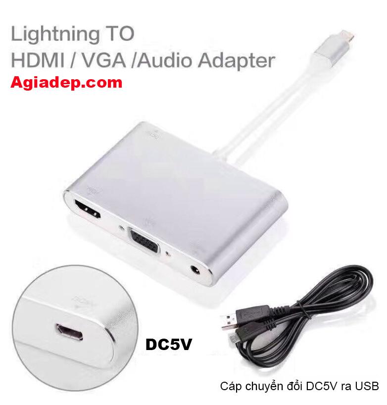 Dây cáp chuyển tín hiệu Iphone Lightning to HDMI và VGA chất lượng cao Agiadep.com (sang Máy chiếu, Tivi) Bản to, Bền, Tốt