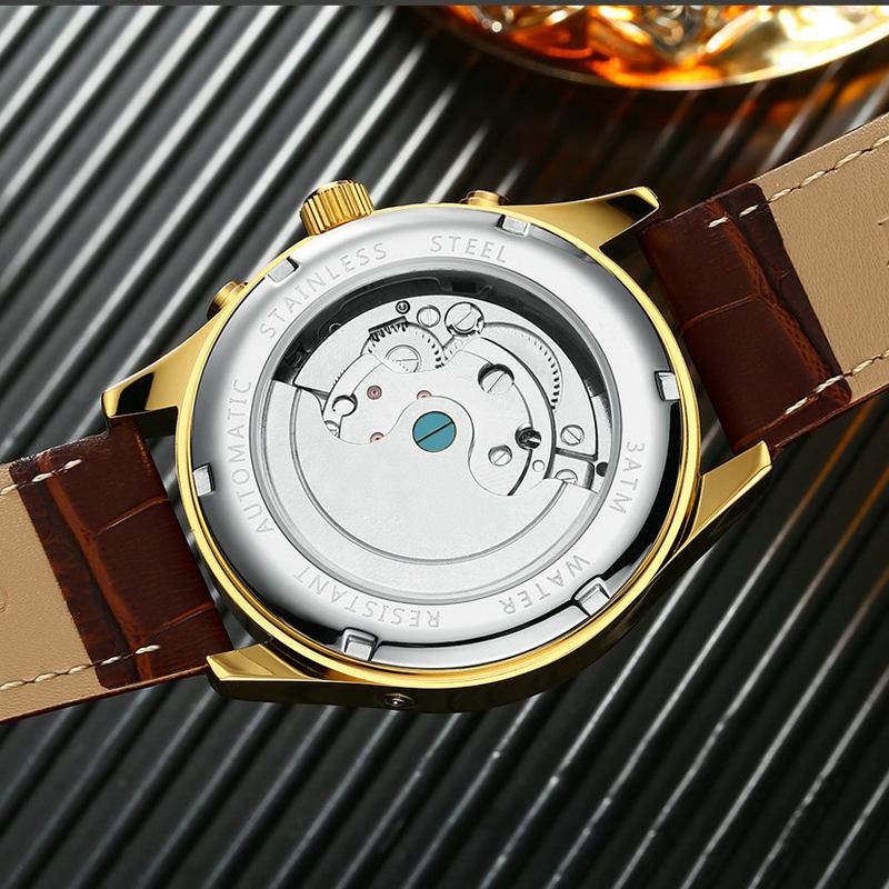 Đồng hồ cơ tự động Automatic chạy 5 kim dây da cao cấp Kinyued DA03