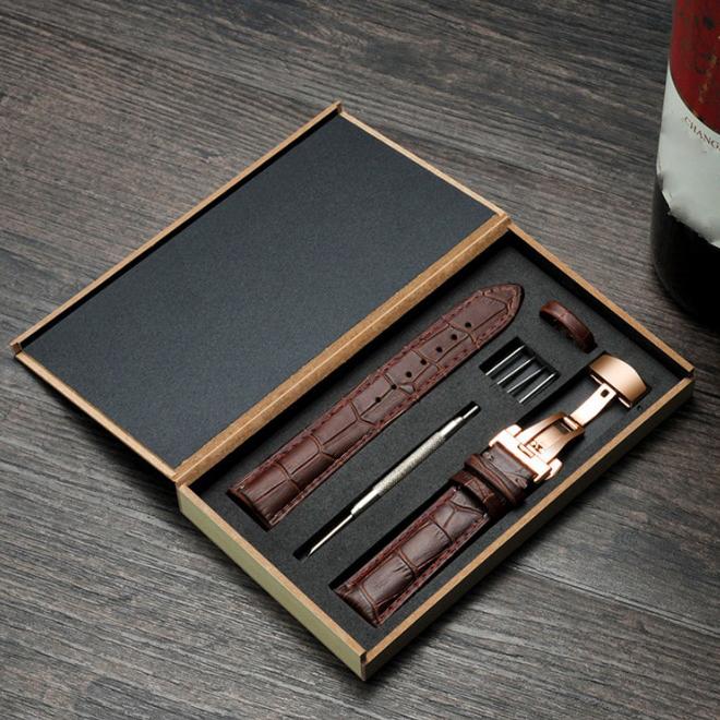 Dây đồng hồ da bò cao cấp tặng Hộp Gỗ SIZE 20mm ( Da Nâu) kèm khóa bướm thép không gỉ 316L (vàng HỒNG)