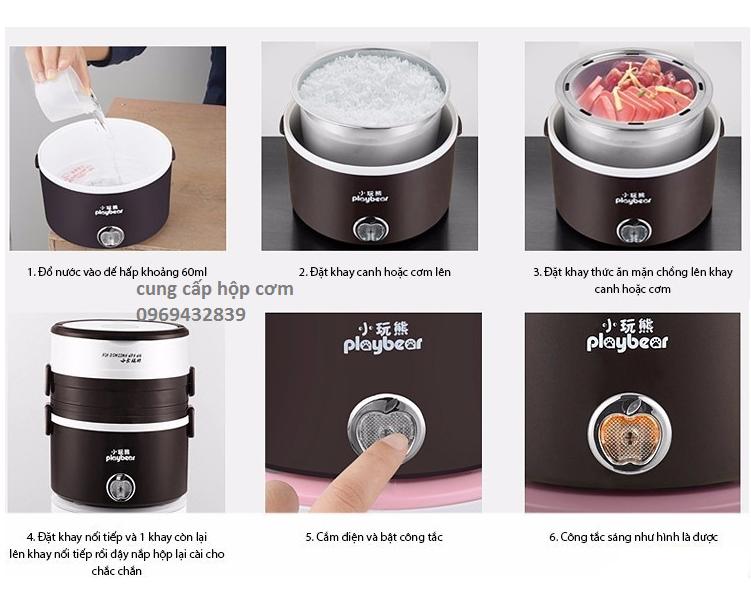 Hộp cơm cắm điện 3 tầng inox Playbear 2019