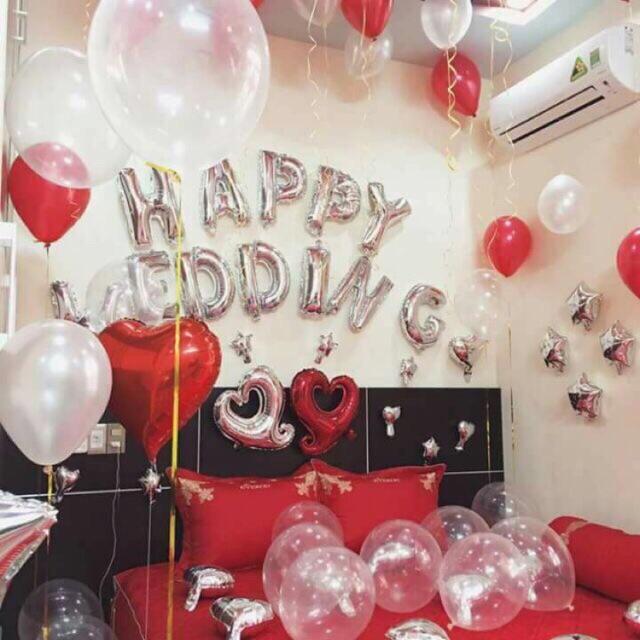 Set chữ HAPPY WEDDING mừng ngày cưới, phụ kiện thành hôn bong bóng kiếng vàng bạc hồng đỏ