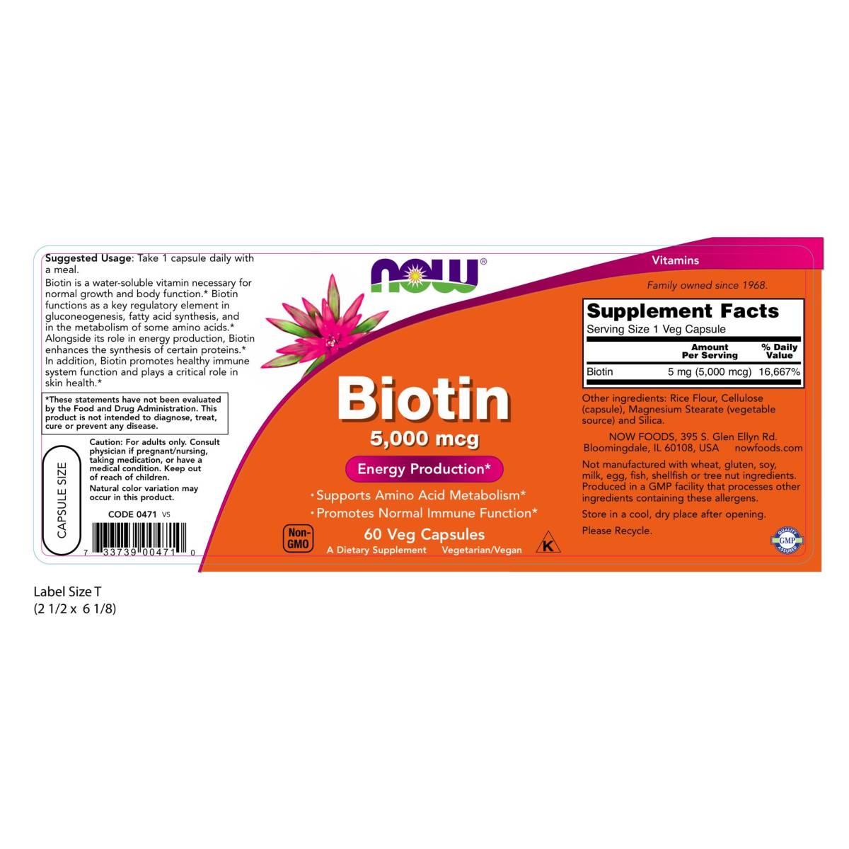 Biotin 5000Mcg brand Now Foods to reduce Hair Loss, Whiten Skin, Bottle of 60 Pills
