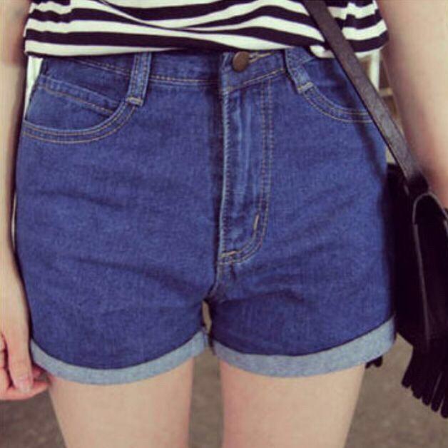 Quần short jean nữ lưng cao săn lai xanh v434